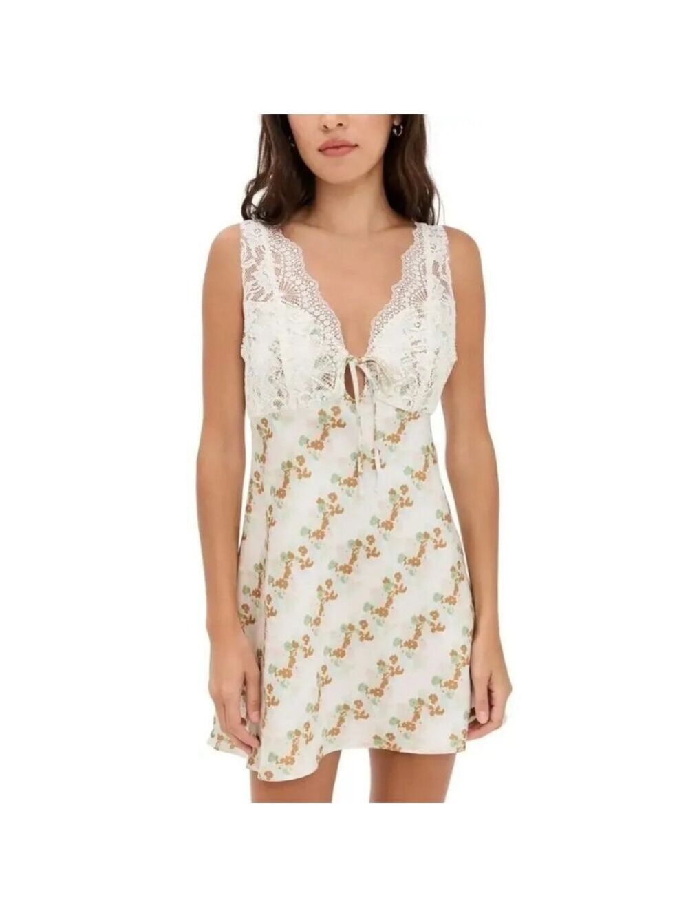 Free People Cream Floral Lace-Trim Satin Chemise